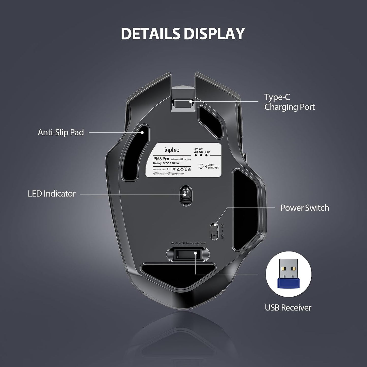 Rechargeable Bluetooth Mouse - Multi-Device Silent Wireless Mouse (Tri-Mode: BT 5.0/4.0+2.4G) with 1600DPI, Ergonomic Design, Portable for Laptop, PC, Android, Windows, and Mac OS - Gray Color