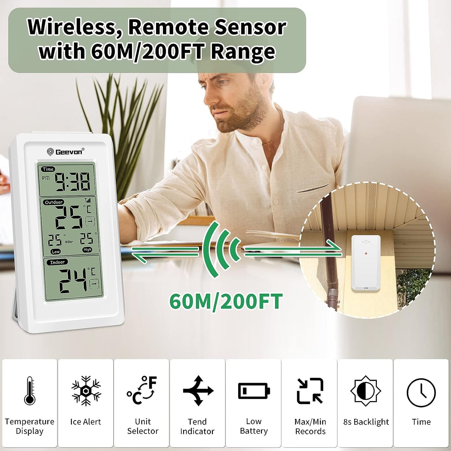 Wireless Digital Indoor Outdoor Thermometer with Time, Temperature Gauge, High/Low Readings, and 200ft/60m Range Temperature Monitoring