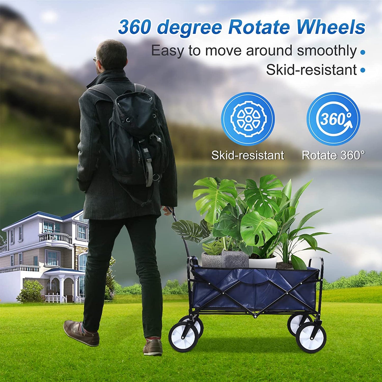 Wagon Rolling Collapsible 360 Degree Swivel Wheels -Garden Cart Camping Wagon, Adjustable Handle, 220lbs Weight Capacity - Blue