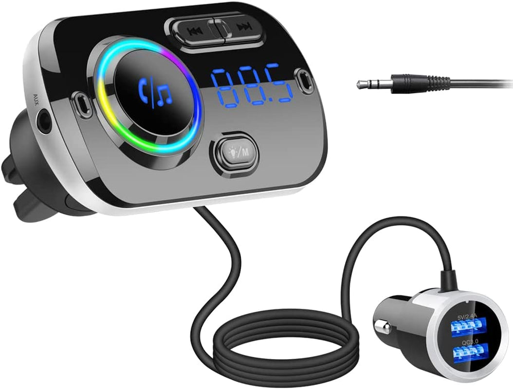Bluetooth 5.0 Car FM Transmitter with 7 Color Light, QC3.0/2.4A USB Car Charger, Siri and Google Assistant, Handsfree Mp3 Player