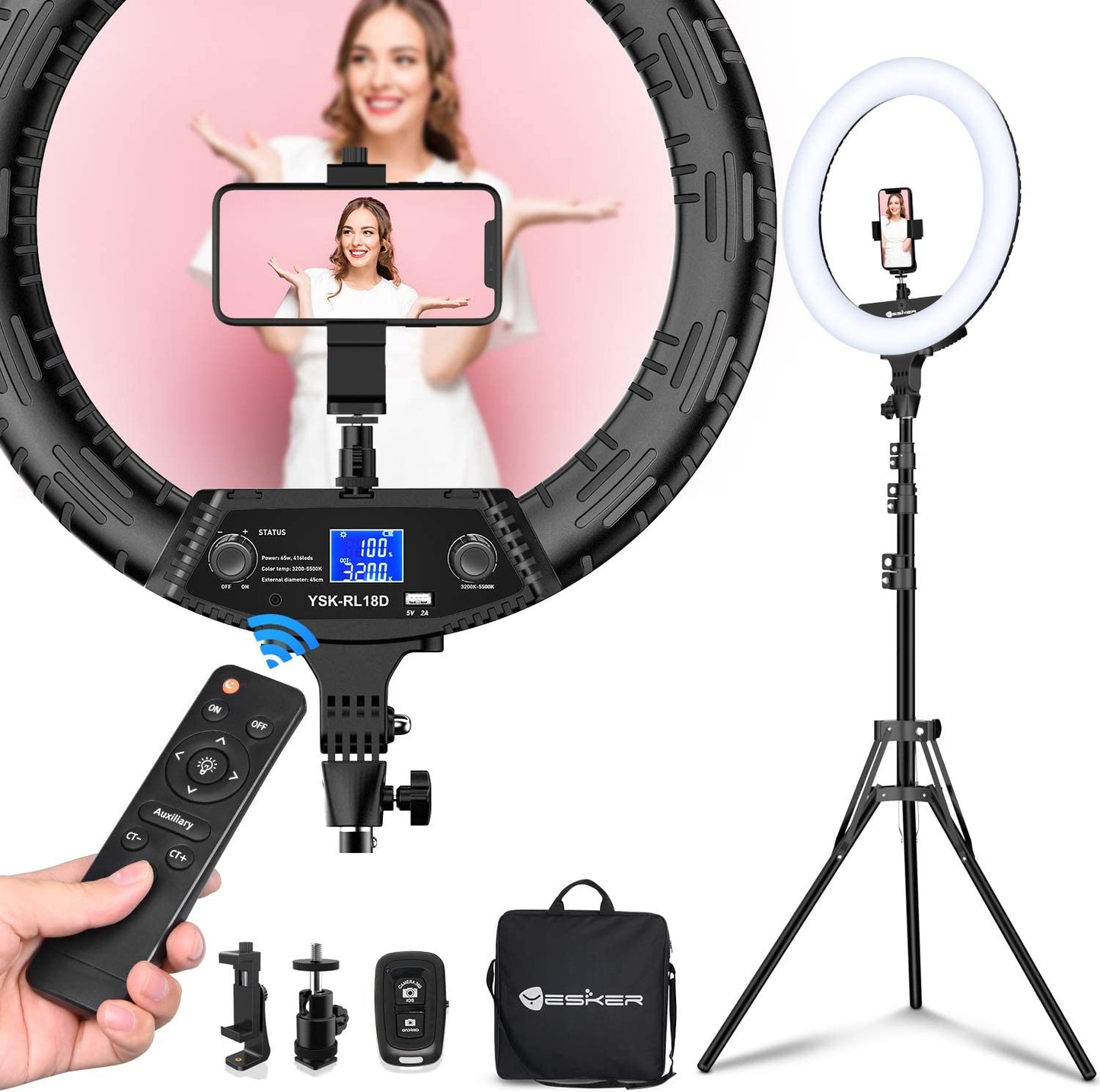 18" Ring Light with Wireless Remote and LCD Screen - Includes Tripod Stand - Features 65W LED Ringlight - Bi-Color Adjustable from 3200K to 5500K - Ideal for Portrait Photography, Live Streaming, TikTok Videos, Zoom Meetings, and Online Teaching.