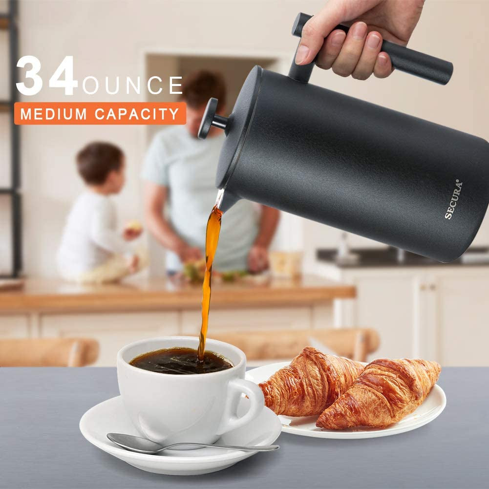 34oz (1 Litre) French Press Coffee Maker, 304 Grade Stainless Steel Insulated Coffee Press with 2 Additional Screens, Black