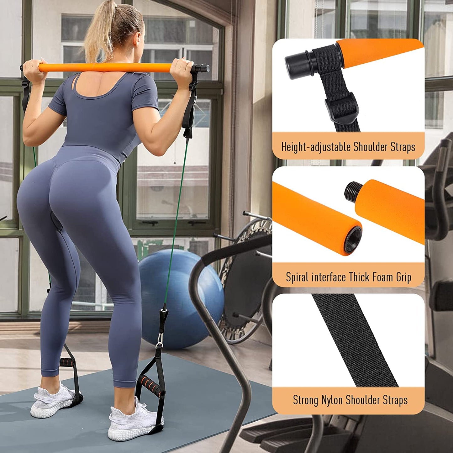 Portable Pilates Bar Kit with Resistance Bands - This upgraded 3-section Pilates bar comes with resistance bands in 20lb, 40lb, and 60lb options. It's suitable for both men and women and supports full-body workouts at home.