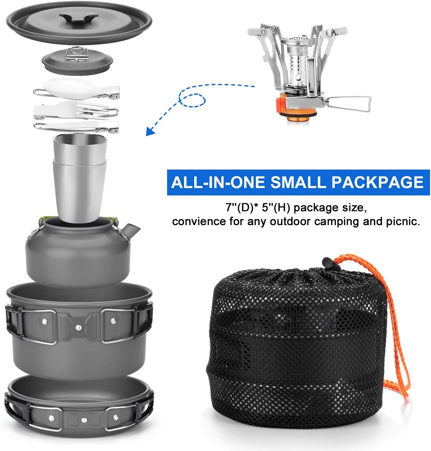 Camping Cookware Mess Kit with Mini Stove and Lightweight Utensils - Pot, Pan, Kettle, Cups, and Cutlery Set for Backpacking, Outdoor Camping, Hiking, and Picnics