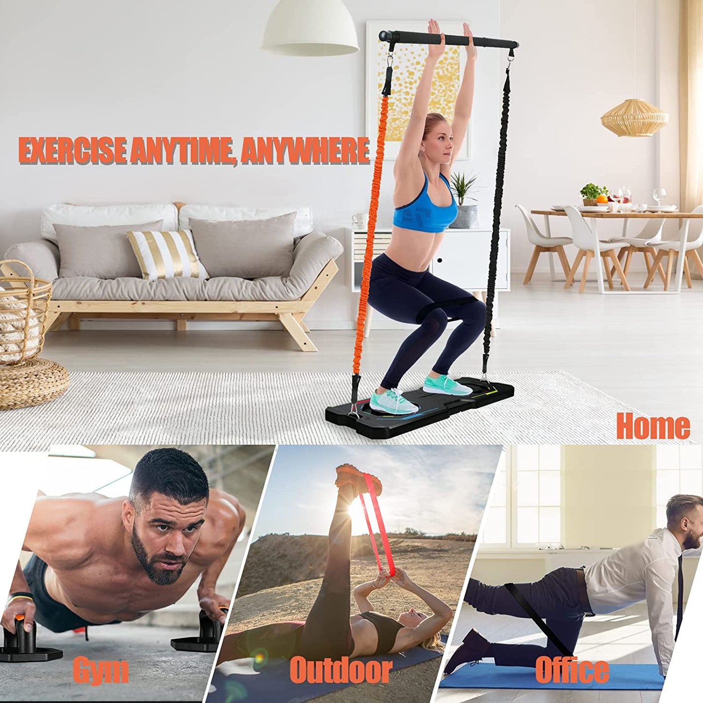 Multi-Functional Push Up Board with Resistance Bands and Pilates Bar - Full Body Home Gym Workout Equipment for Perfect Pushups and Strength Training - Ideal for Men and Women