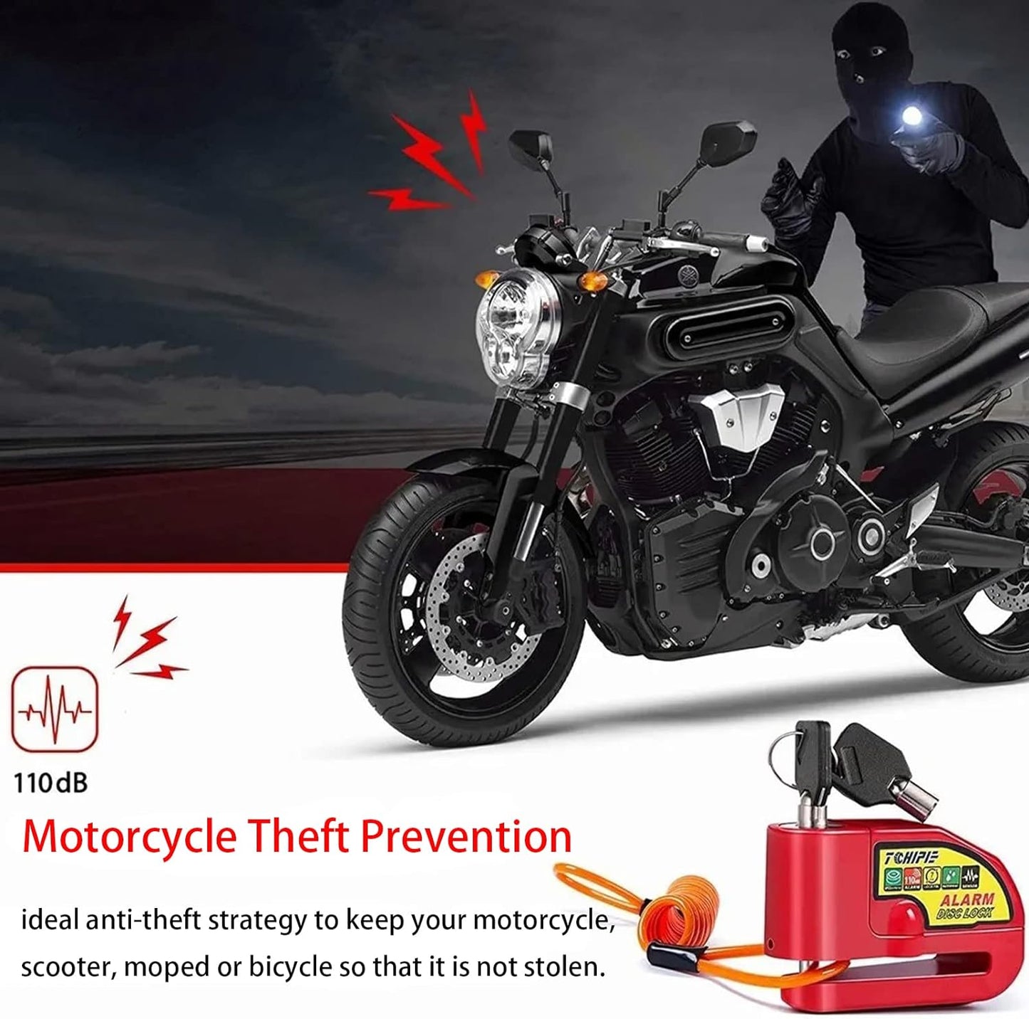 Motorcycle Disc Brake Lock with Alarm, Theft Prevention Security Wheel Lock for Motorcycles and Bicycles, 110db Alarm Sound, 1.5m/5ft Reminder Cable Included (Red)