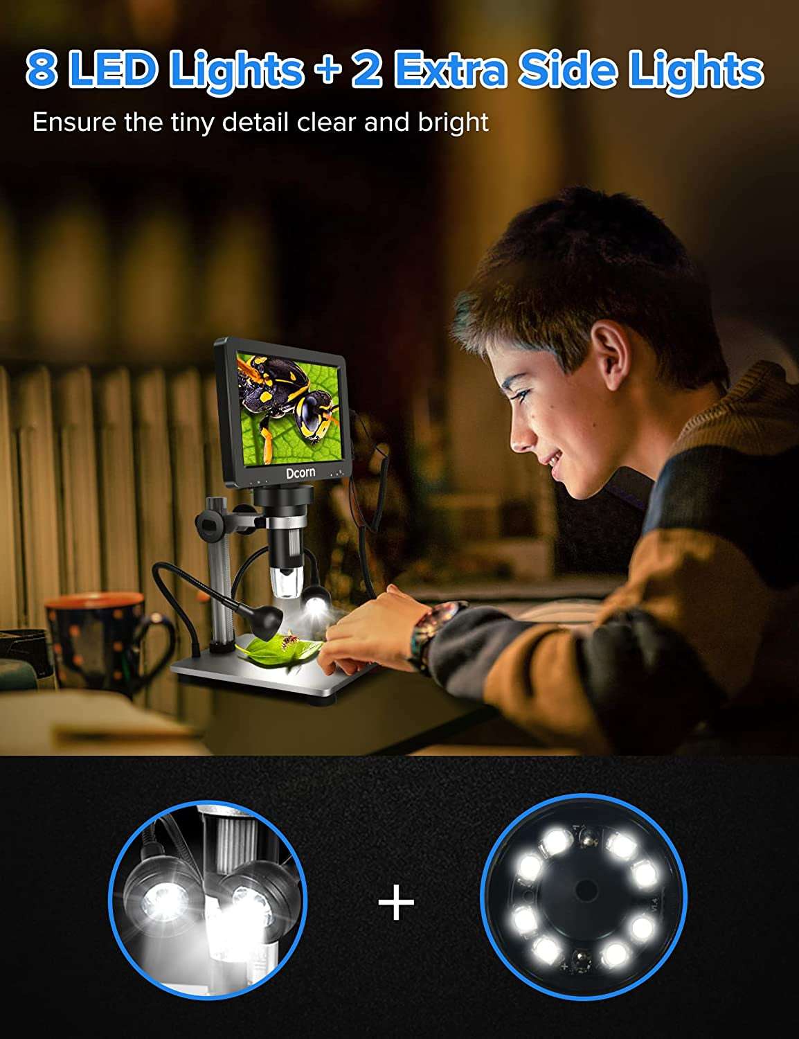 Digital Microscope 7" 1200X, 12MP 1080P Photo/Video Microscope with 32GB TF Card for Soldering, Coins, Metal Stand, Wired Remote, 10 LED Fill Lights, PC View, Windows/Mac Compatibility