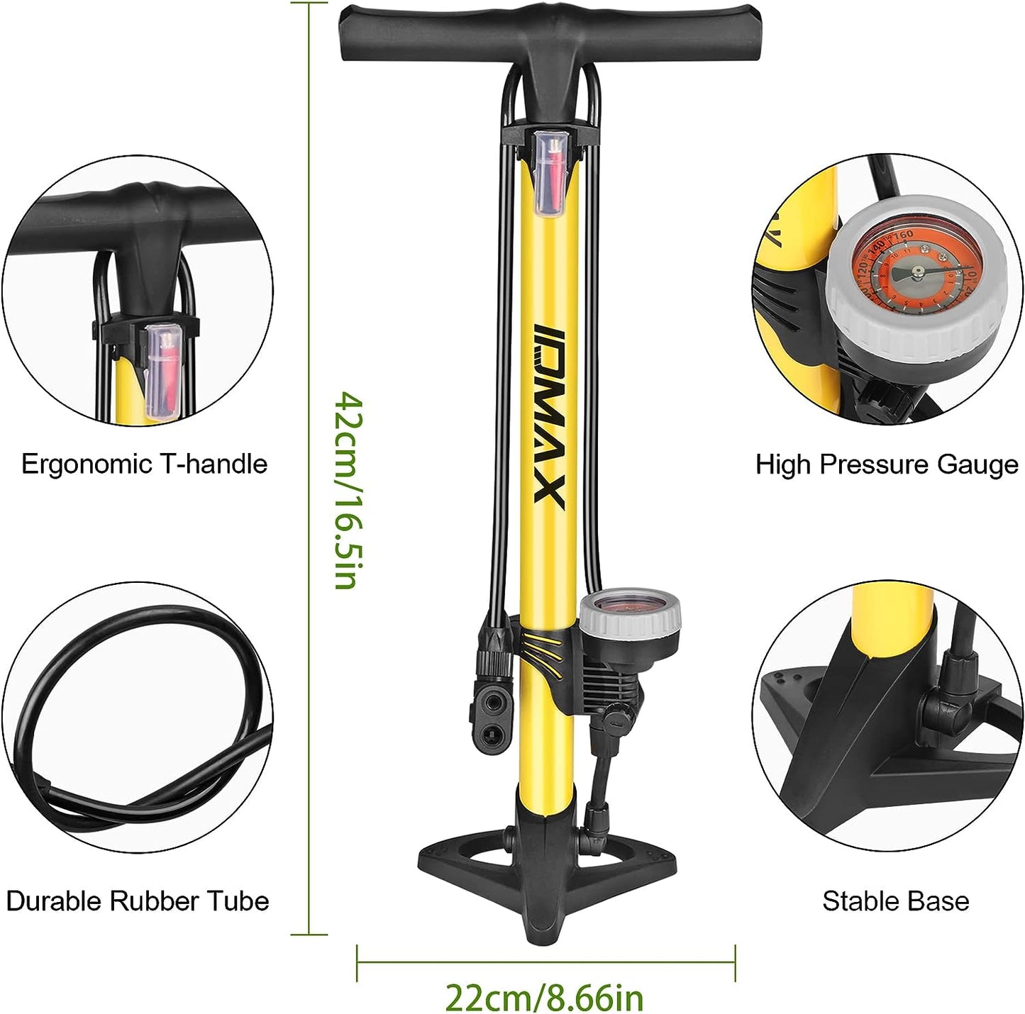 Ergonomic Bike Floor Pump - Portable Bicycle Tire Inflator with Gauge & Smart Valve Head - Compatible with Universal Presta and Schrader Valve - Yellow & Black Design.