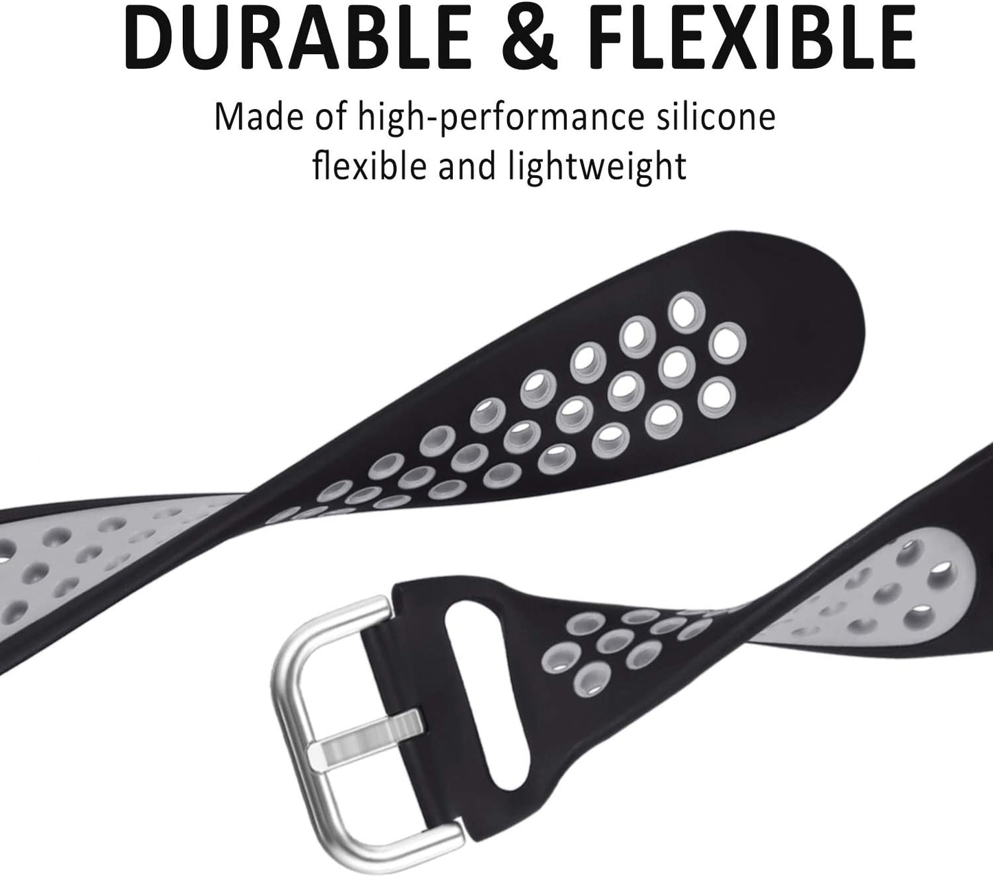 3-Pack Soft Silicone Sport Bands Compatible with Fitbit Versa 2 for Men and Fitbit Versa for Women. These bands are also compatible with Fitbit Versa Lite and Versa SE, available in both Large and Small sizes with Silver Metal Accent.