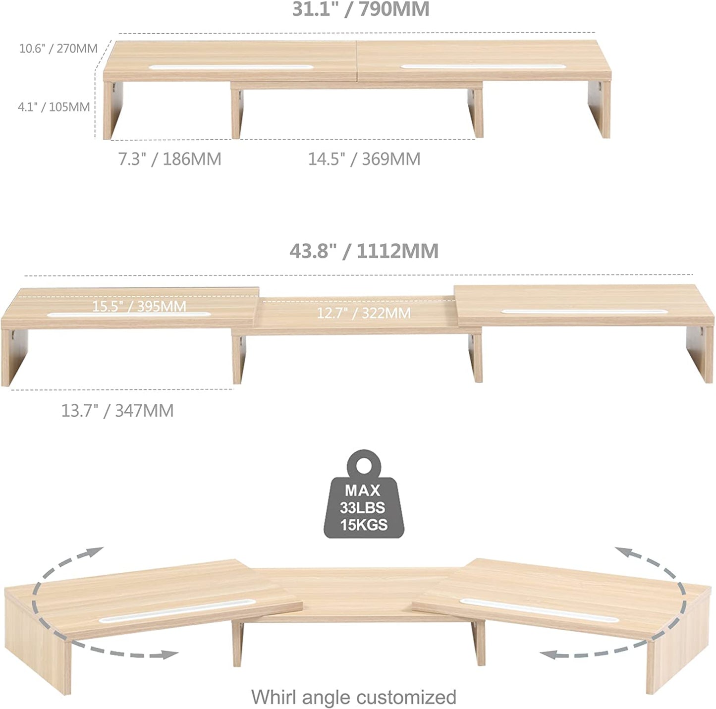 Oak Dual Monitor Stand with Tablet Phone Holder, 3 Shelf Computer Laptop Stand, Adjustable Length and Angle, Office Desk Organizer