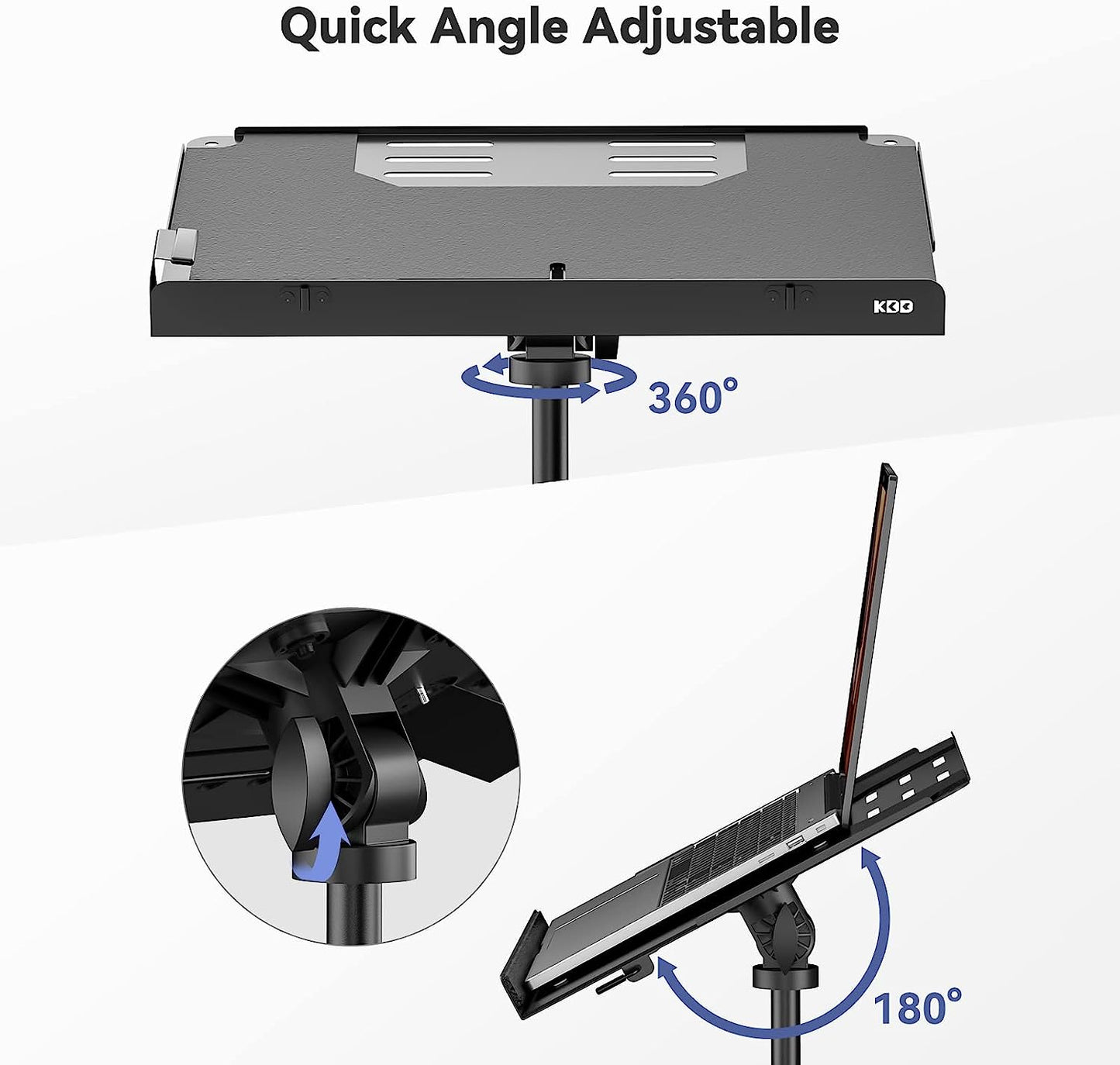 4-in-1 Projector Tripod Stand - Functions as a Music Stand with Spring Arm, Foldable Laptop Floor Stand, and an Exclusive Design Tablet Holder with Sliding Lever - Offers Adjustable Height from 23" to 63" and 180° Rotation.