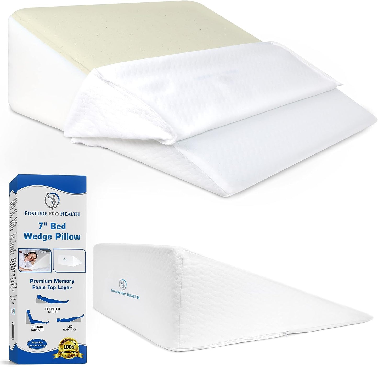 Ergonomic Inclined Bed Wedge Pillow with Memory Foam Top - Sleeping Pillow to Assist with Acid Reflux, Snoring, Back and Neck Pain - Includes Washable Cover - Dimensions: 25" L x 24" W x 7" H
