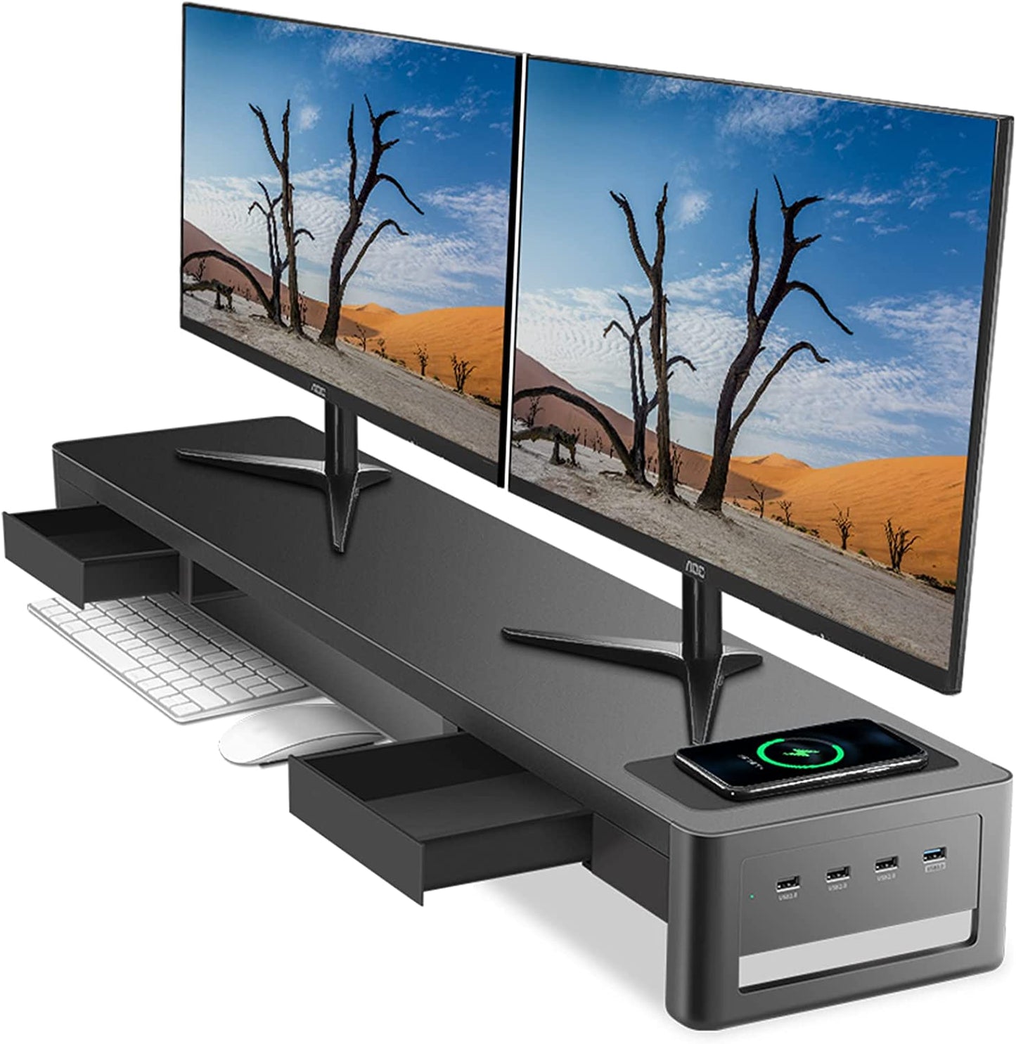 3 In 1 Dual Monitor Stand Riser with Drawers, USB Ports, and Data Transfer Support - Metal Computer Monitor Stand for Enhanced Organization and Device Connectivity - Suitable for PC, Laptop, and iMac