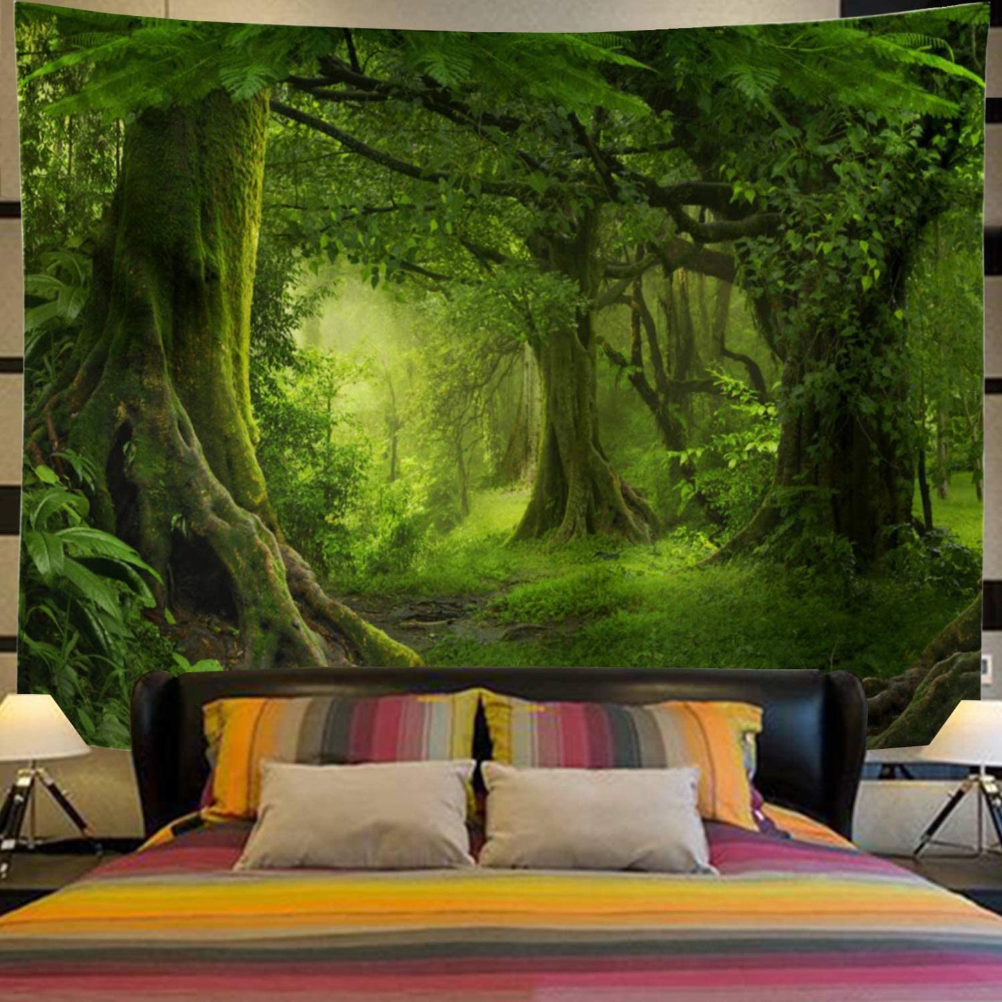 Virgin Forest Tapestry - Features Green Trees in Misty Forest - Nature Scenery Wall Hanging - Perfect for Living Room and Bedroom Decor.