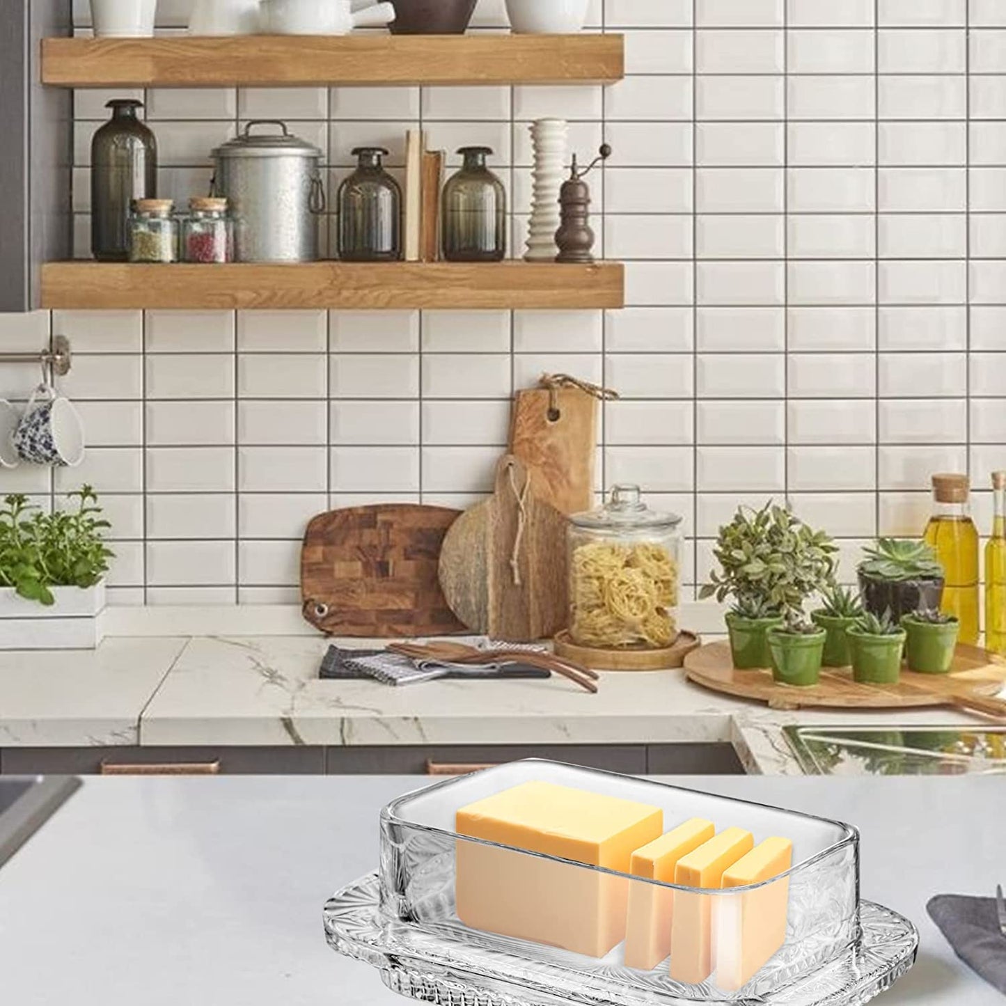 2-Pack Clear Glass Butter Dish with Lid - Food Grade Butter Keeper, Crystal Rectangular Butter Container for Countertop and Refrigerator Storage. Lead-free and Dishwasher Safe.