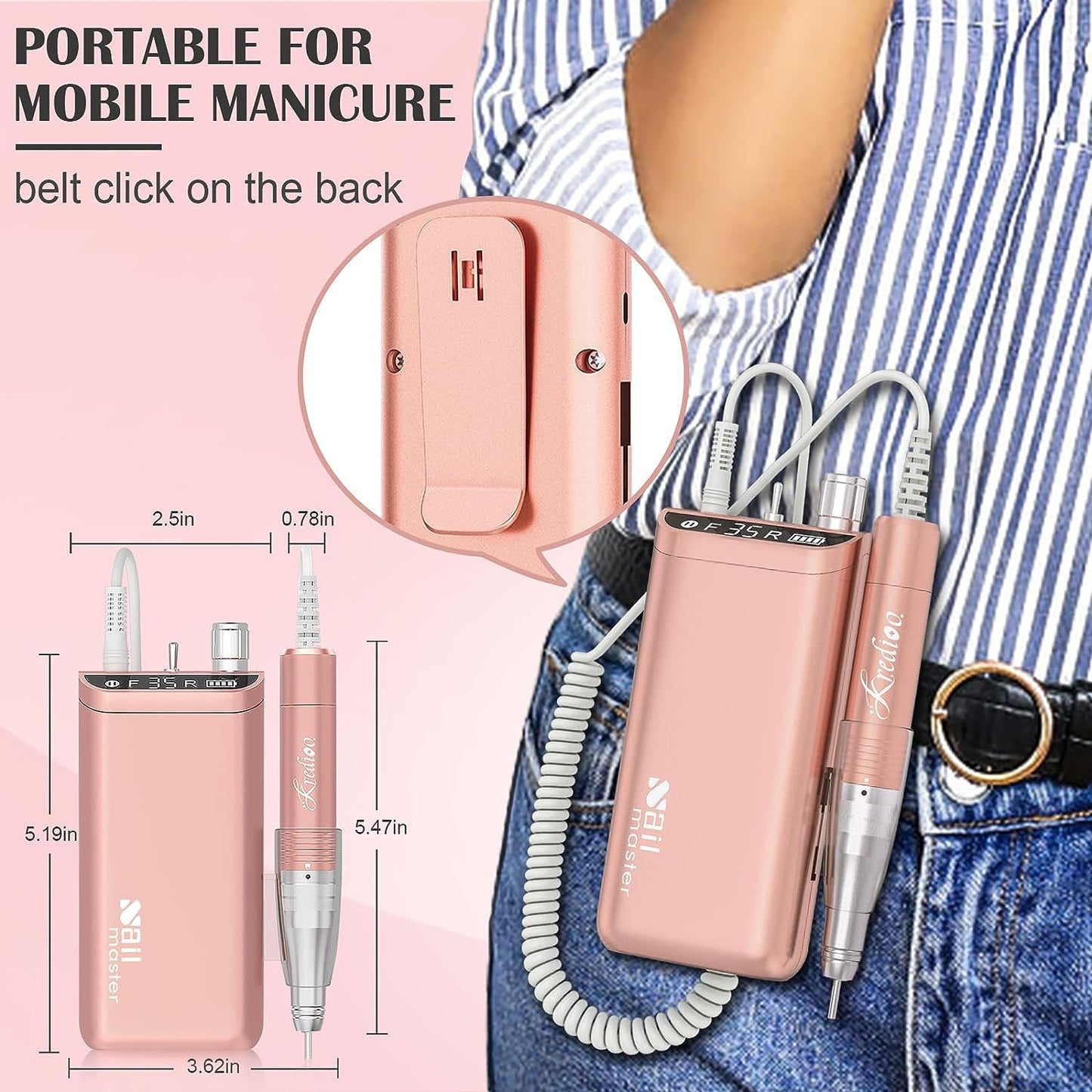 Portable Electric Nail Drill Machine: A Rechargeable, Professional Nail E File Drill with 35000 RPM. Ideal for Acrylic and Gel Nails, Polish Removal, and Nail Shaping. Includes 10 Bits and Sanding Bands, and it comes in a stylish Rose Gold color.