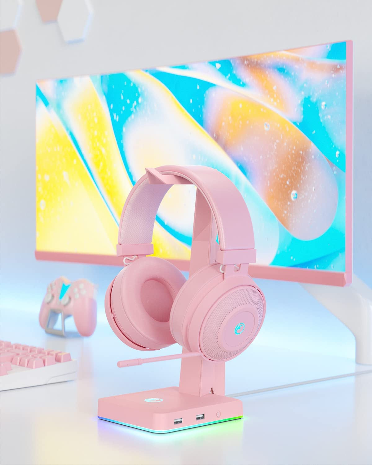 Pink RGB Gaming Headset Stand: Game Headphone Mount with 2 USB Ports. Great for PC, Xbox One, PS4, Switch. Features Earphone Holder Hanger. Perfect for Gaming Stations and Fancy Desk Gamer Accessories.
