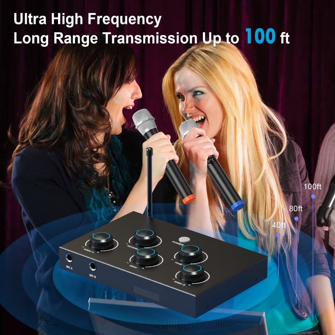 Portable Karaoke Microphone Mixer System Set, with Dual UHF Wireless Mic, HDMI-ARC/Optical/AUX & HDMI in/Out in Singing Receiver for Smart TV, PC, KTV, Home Theater, Amplifier, Speaker
