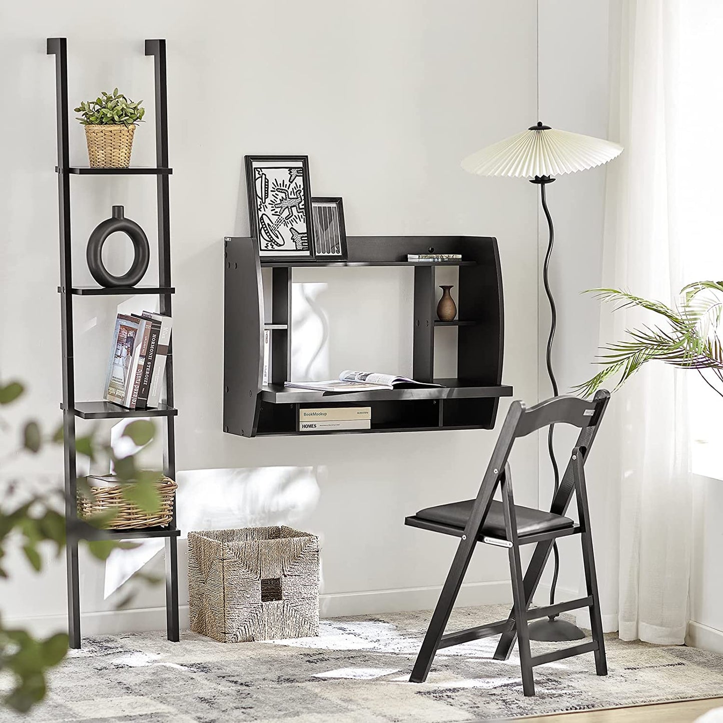 Home Office Workstation Wall-Mounted Table Desk with Storage Shelves and Drawers - Black