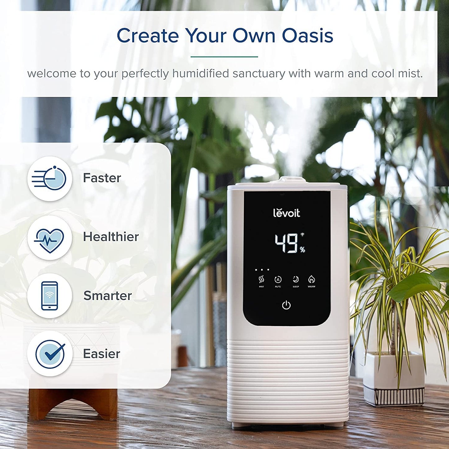 Humidifier for Bedroom Large Room Home, Oasismist Smart Cool and Warm Mist Humidifiers, Auto Customized Humidity, Ultrasonic Top Fill Oil Diffuser for Baby and Plants, Quiet, 4.5L, White