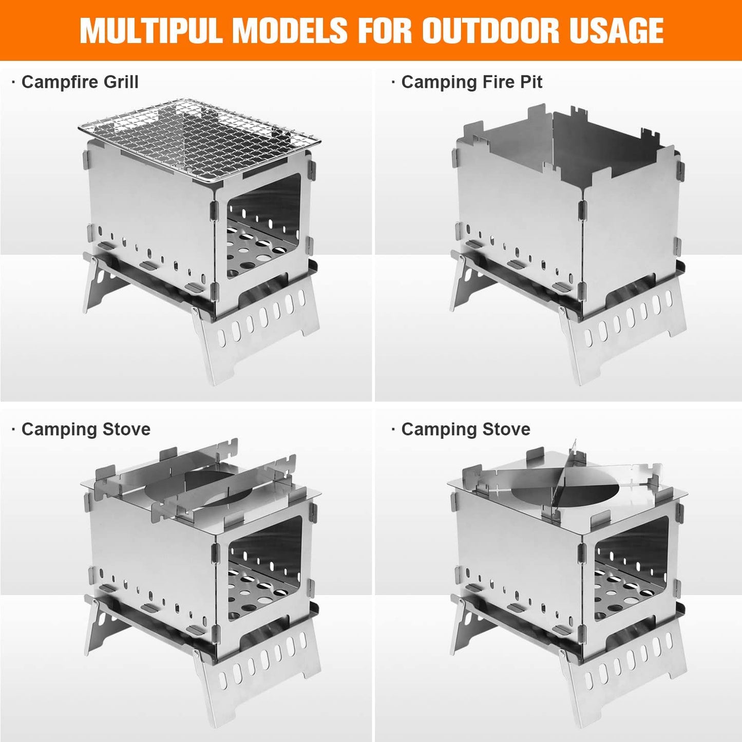 Portable Camping Campfire Grill Pit Stove, Foldable Stainless Steel Camping Backpacking Wood Stove with Grill Gate and Carrying Bag for Outdoor Cooking