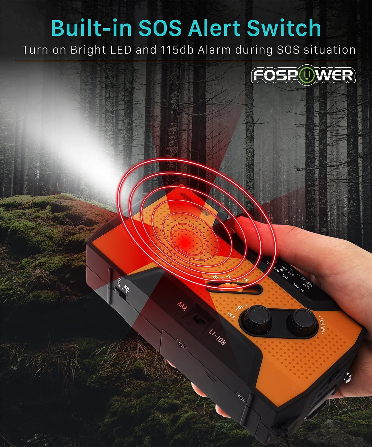 2000mAh Emergency Weather Radio - Portable Power Bank with Solar Charging, Hand Crank & Battery Operated, SOS Alarm, AM/FM & LED Flashlight for Outdoor Emergency