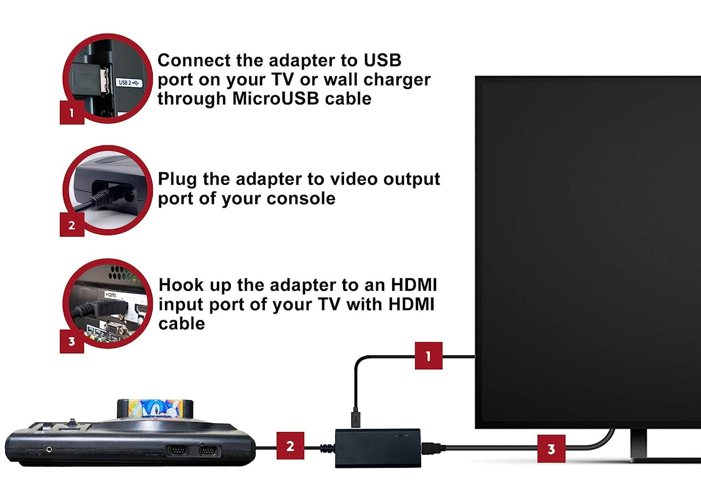 Sega Genesis Model 1/2/3 HDMI Cable - Compatible with Sega CD, Sega CDX, Sega 32X, Sega Nomad, and Original Sega Master System Consoles