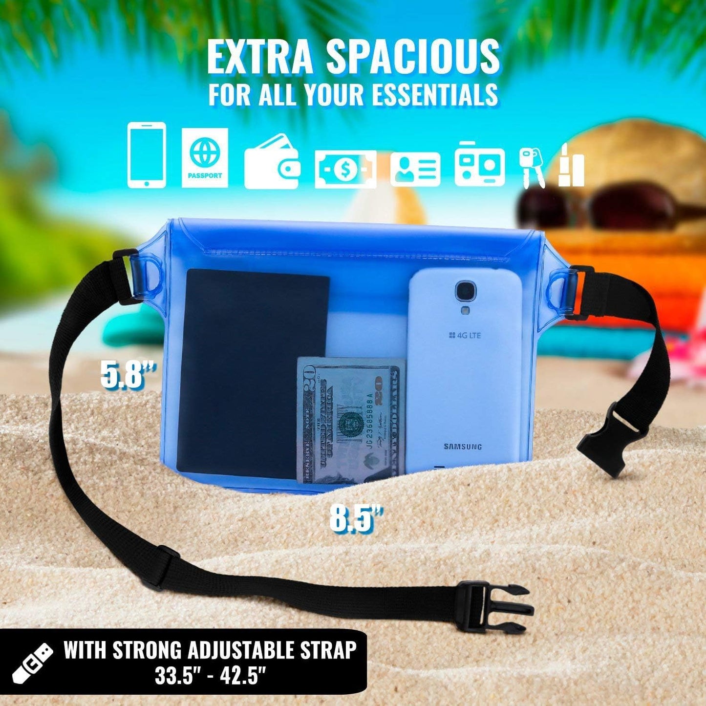 Waterproof Pouch with Waist Strap (2 Pack) - Premium Beach Accessory for Secure and Dry Storage of Your Phone and Valuables - Ideal for Boating, Swimming, Snorkeling, Kayaking, Beach, Pool, and Water Parks