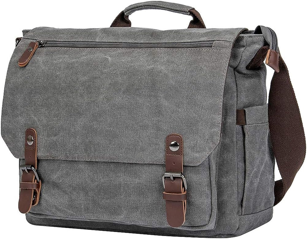 Vintage Genuine Leather and Waxed Canvas Briefcase - Large Satchel Shoulder Bag designed to hold Rugged Computer and 15.6" Laptop.