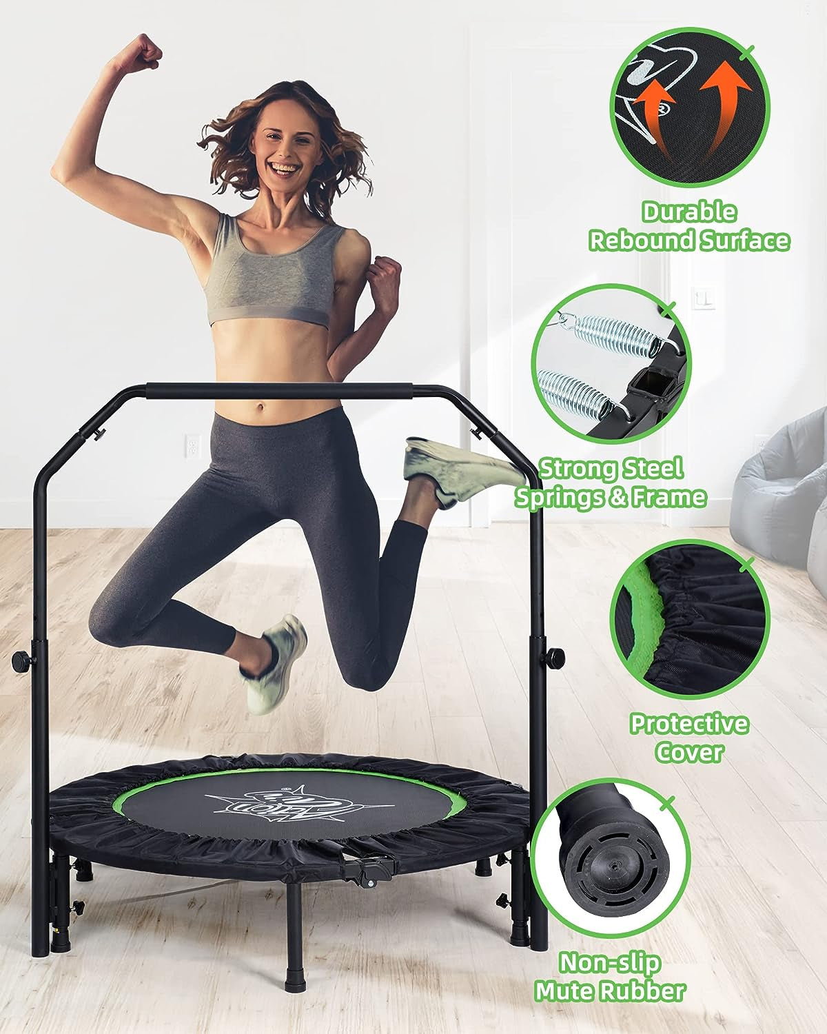 Folding Mini Trampoline with Adjustable Handle, Indoor and Outdoor Rebounder, Small Trampoline with Safety Pad, Maximum Weight Capacity of 220 lbs and 260 lbs