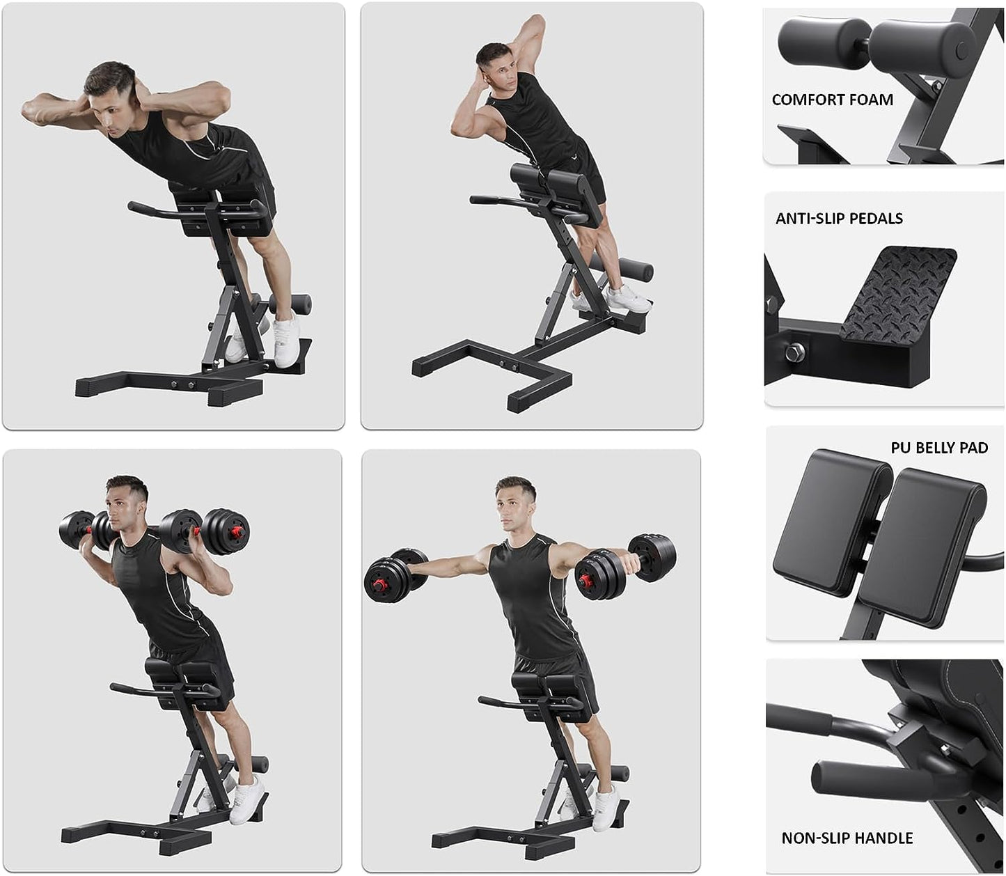 Adjustable Fitness Hyper Extension Bench - This Roman chair is designed for home gym back workouts and back extension training. It also serves as a multi-functional sit-up bench for various exercises.