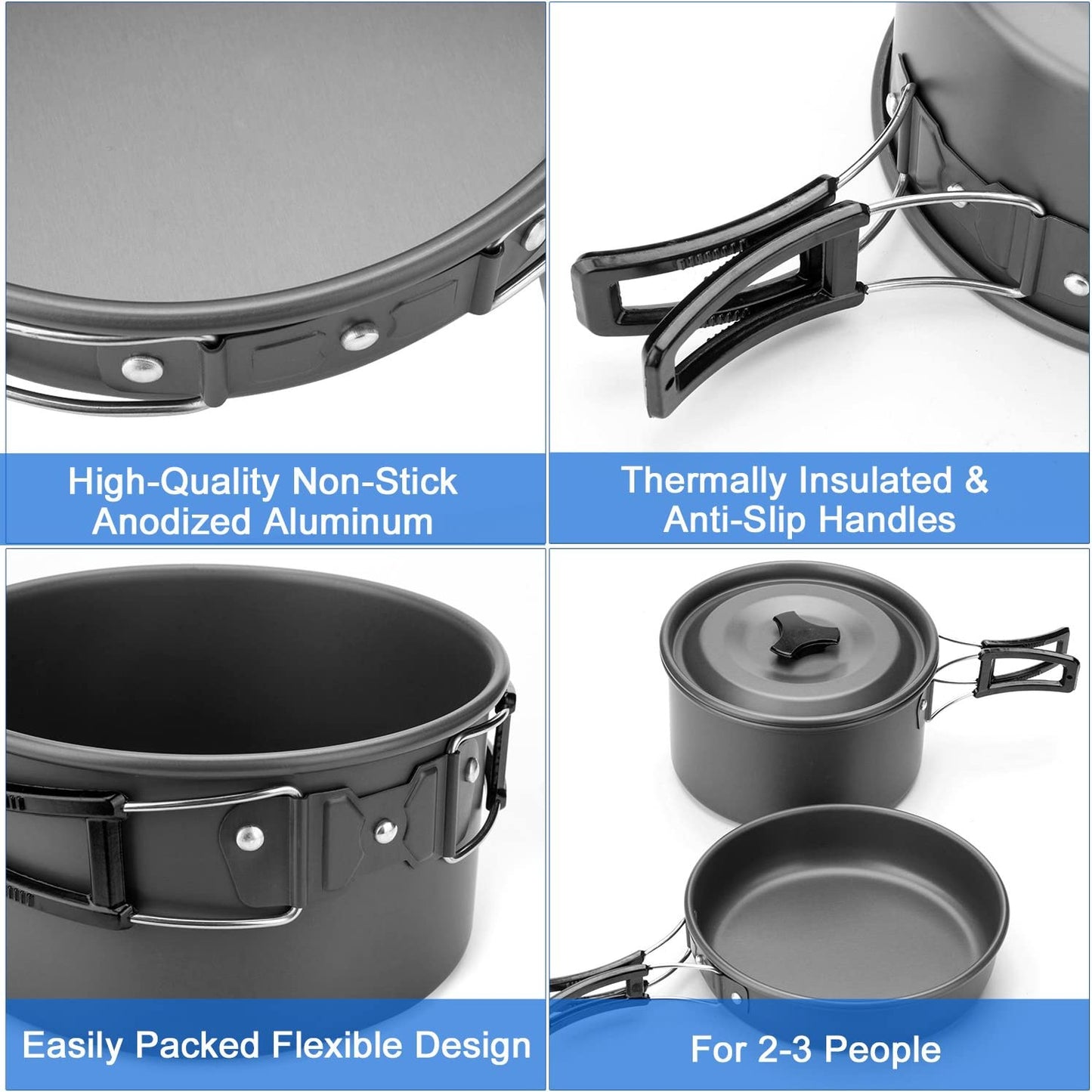 Folding 10pcs Camping Cookware Mess Kit Cookset, Lightweight Pot Pan Kettle with 2 Cups, Fork Knife Spoon Kit for Outdoor Camping Hiking and Picnic