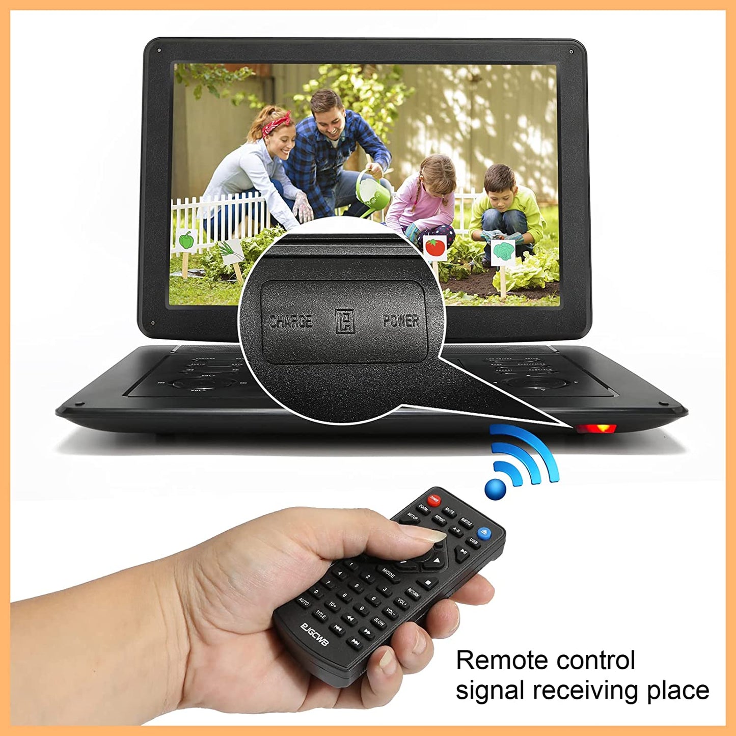 Portable DVD Player with a Large 15.6" HD Screen, 6-Hour Rechargeable Battery, and support for CD/DVD/SD Card/USB playback. Features High-Volume Speaker and note that it does not support Blu-Ray discs.