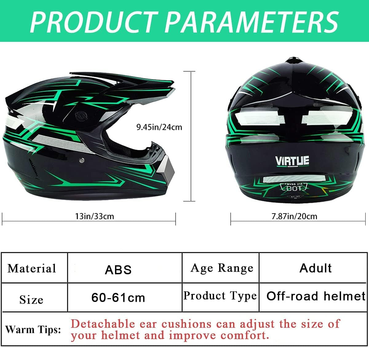 Motocross Helmet Set: Adult Sun Visor Motorcycle Helmet, suitable for Dirt Bike and Mountain Bike. Includes Windproof Mask, Goggles, and Gloves (4Pcs Set).