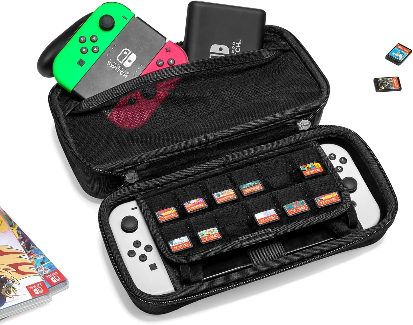 Hard Shell Travel Case for Nintendo Switch - Protective Storage Cover with 24 Game Cartridges, Handle, and Console Accessories