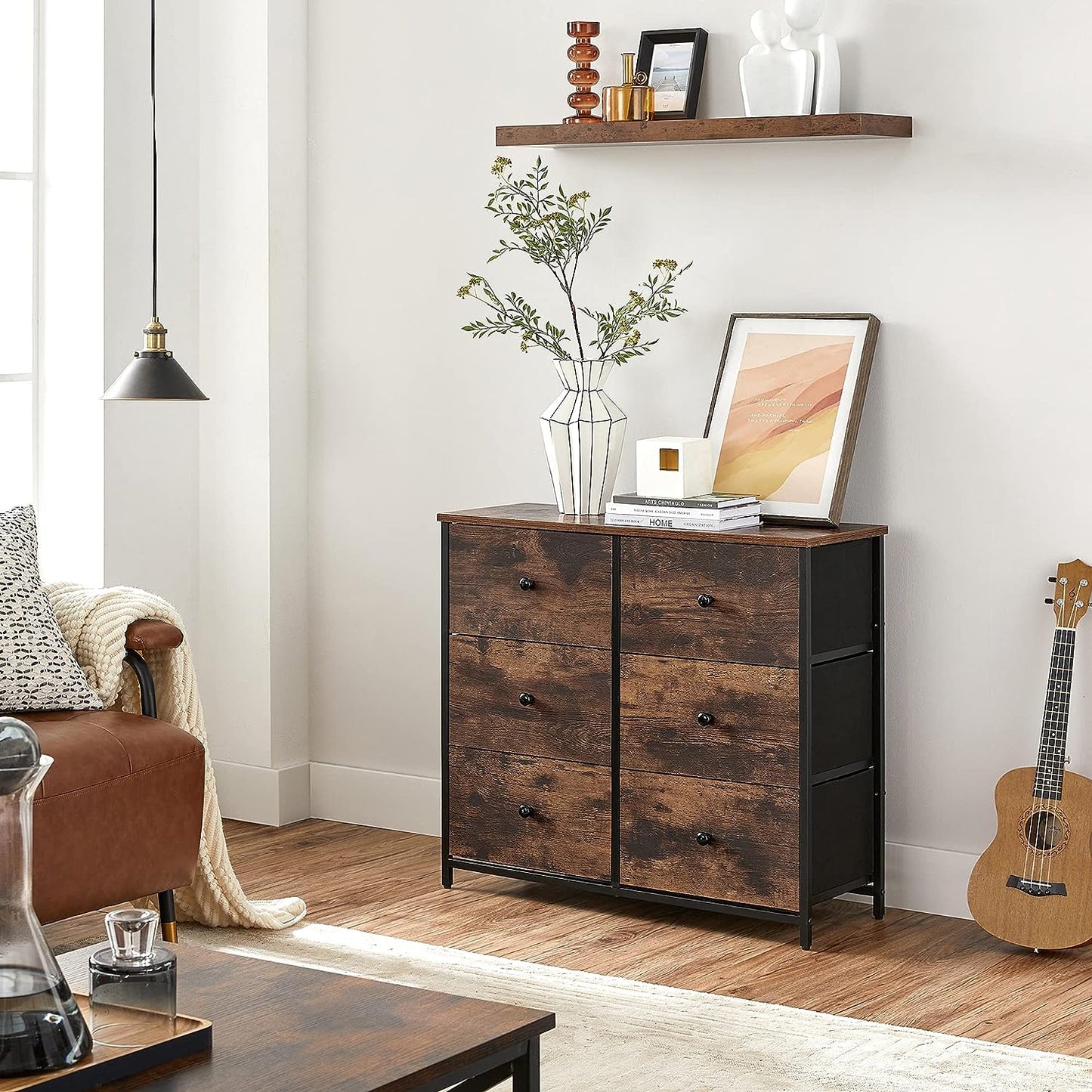 6 Drawer Dresser for Bedroom, Chest of Drawers, Brown and Black