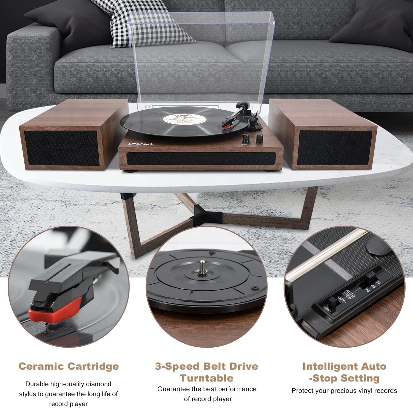 Wireless Record Player with Stereo Bookshelf Speakers - A Vinyl Record Player that supports Bluetooth, features Auto-Stop, and comes in a Walnut Wood design.