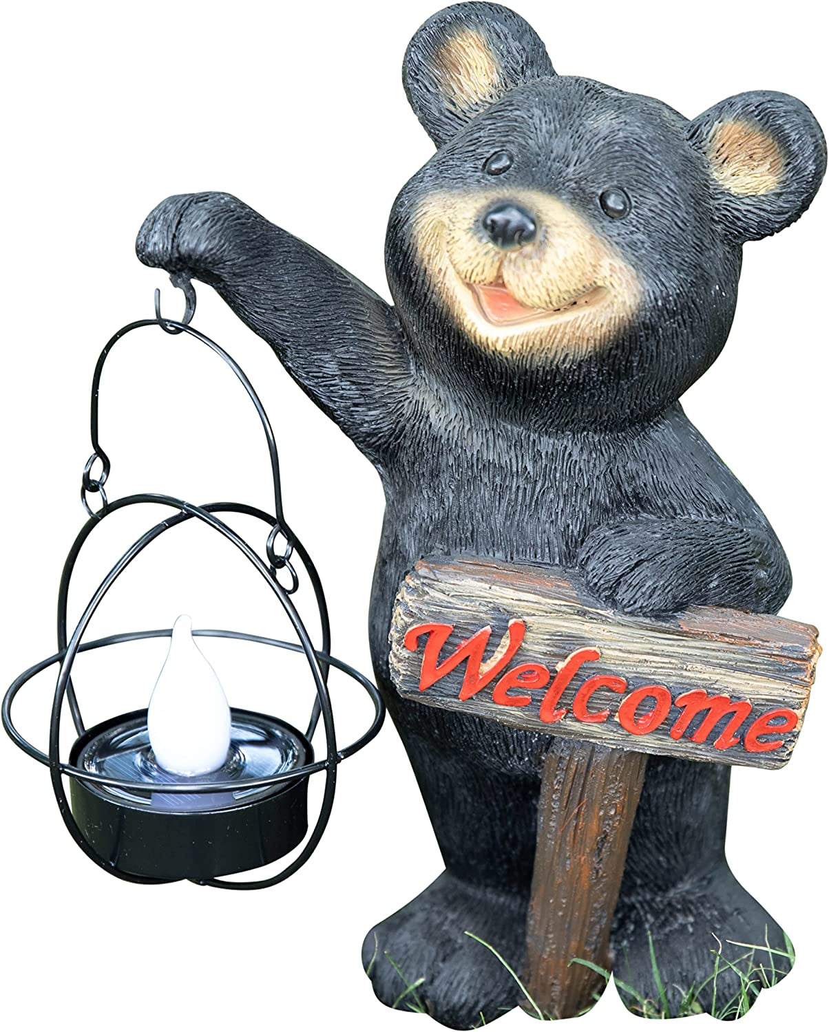Solar Powered LED Bear Welcome Sign - Outdoor Garden Statue Decor featuring Bear Figurines with Garden Light; Adds a Whimsical Touch to Front Yards, Patios, Yards, Lawns, and Outside Houses.