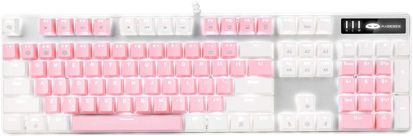 Mechanical Gaming Keyboard, New Upgraded 104 Keys White LED Backlit Keyboard with Blue Switches. USB Wired Mechanical Gaming Keyboard for Computer Laptop PC Gamers White and Pink