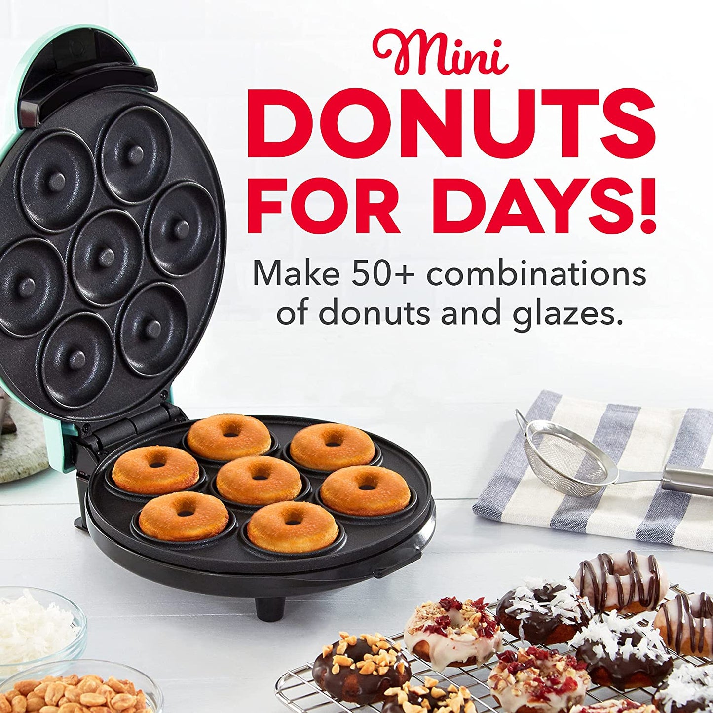 Mini Donut Maker with Non-stick Surface, Ideal for Kid-Friendly Breakfast, Snacks, Desserts & More, Produces 7 Doughnuts - Aqua