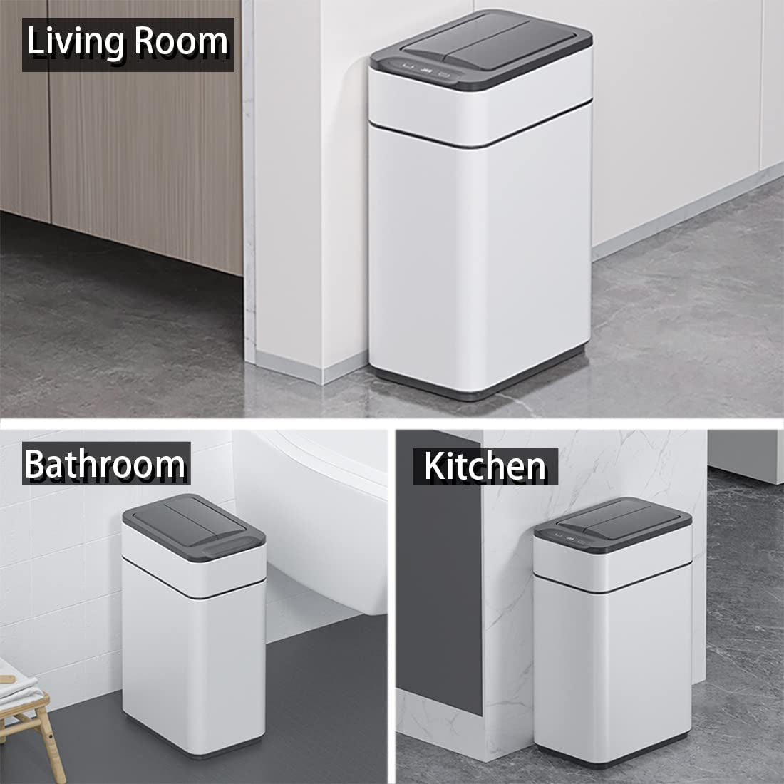 9L Stainless Steel Automatic Touchless Trash Can with Lid - Rectangular Motion Sensor Rubbish Bin for Home and Office - Waterproof Wastebasket for Living Room, Bedroom, Bathroom - Milky White (Battery Not Included)