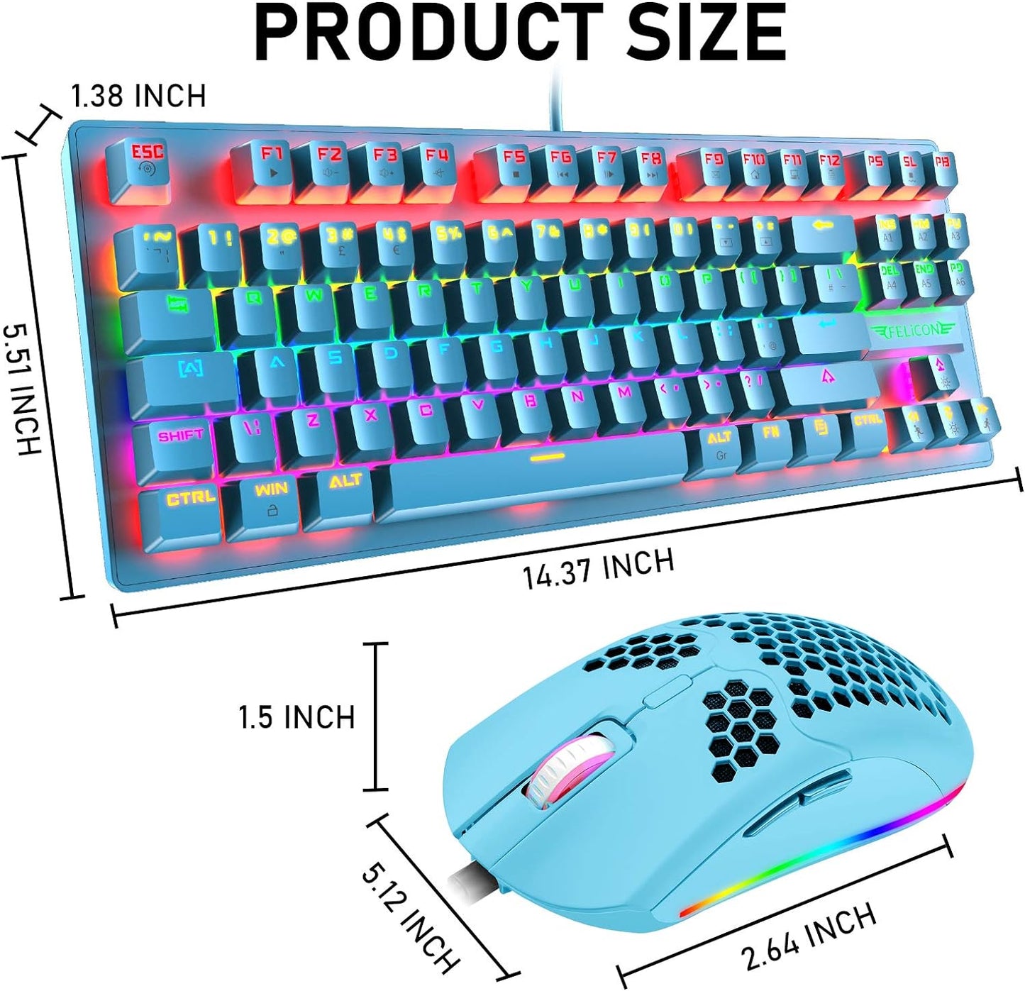 Mechanical Gaming Keyboard and Lightweight Honeycomb Mouse Bundle with Compact 88 Key Anti-ghosting, Rainbow Backlight, Blue Switches, Ergonomic Design, Adjustable 6400 DPI, and USB Wired Connectivity for PC, Mac, Gamers, and Typists (Blue)