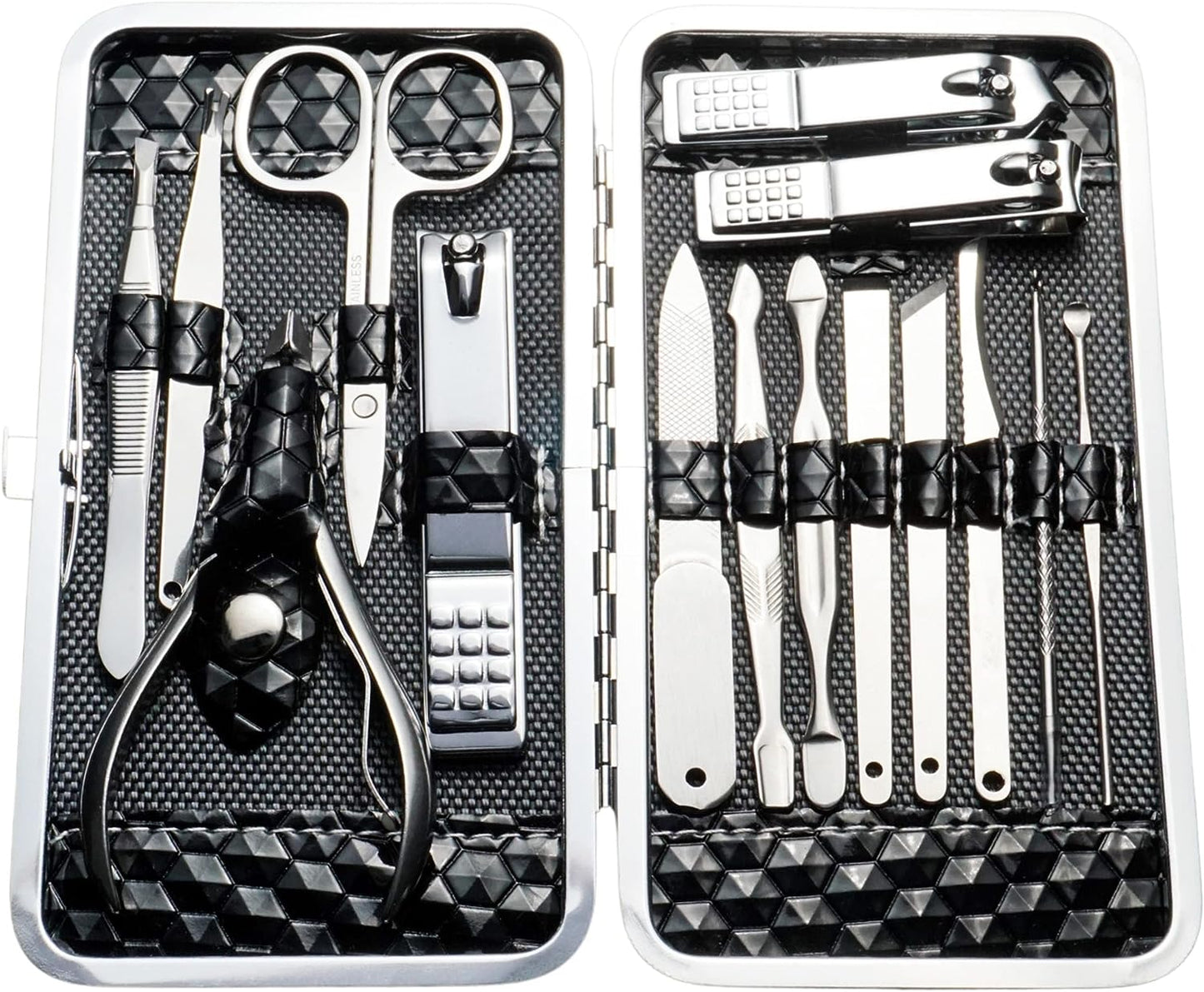 Nail Care Kit with Leather Case - Set of 15 Pedicure and Manicure Tools for Women and Men (Black)