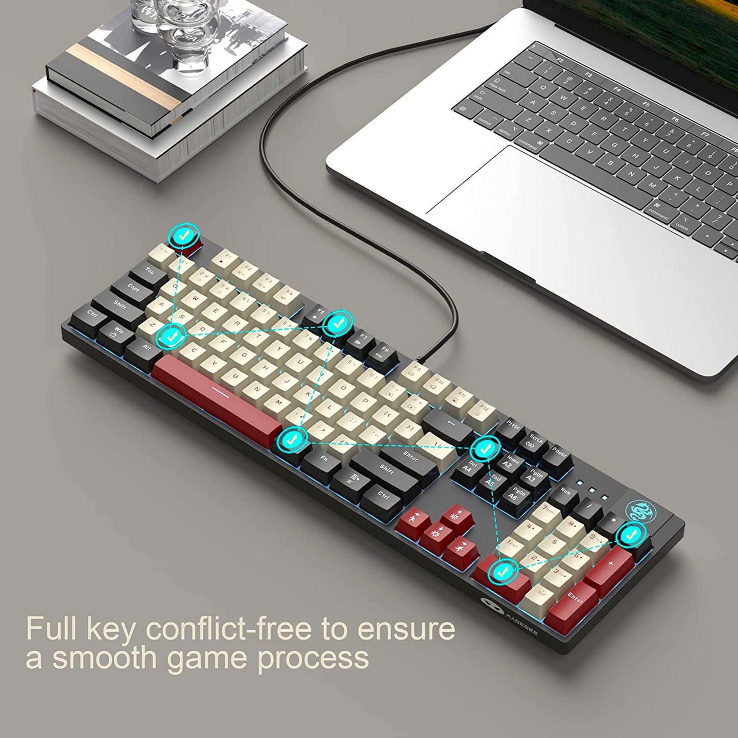 Mk-Armor Mechanical Gaming Keyboard - LED Rainbow Backlit, Wired USB Keyboard with 104 Keys and Red Switches. Designed for Windows PC Laptop Gaming Black&White