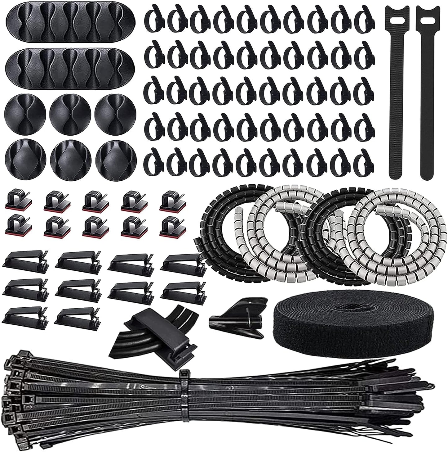 Cable Management Kit: 184-Piece Cord Organizer Set, including 40 Adhesive Cable Clips Holders, 4 Cable Sleeves, 100 Zip Ties, 50 Reusable Fastening Cable Ties, and 1 Cable Tie Roll. Ideal for Organizing Office Desk Electronics and Cables.