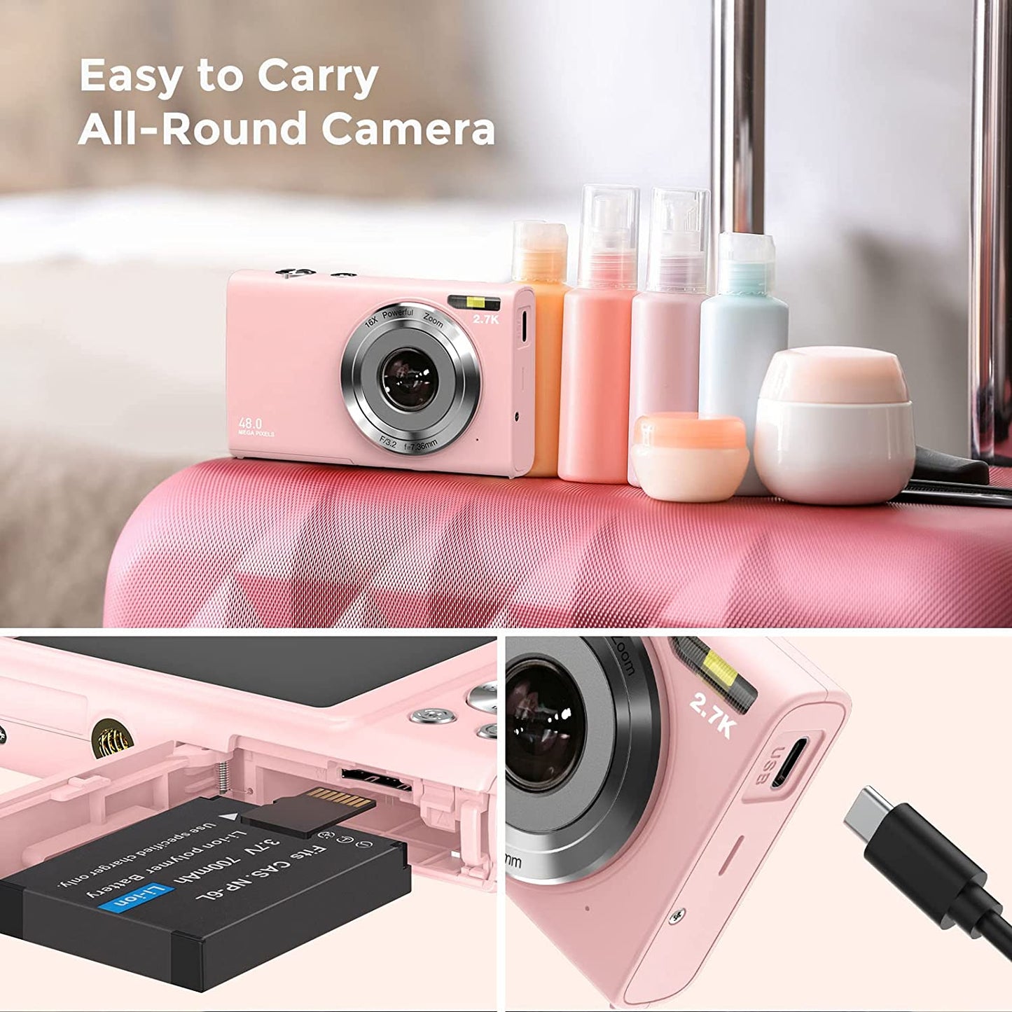 Auto Focus Digital Camera - A 2.7K Vlogging Camera with HD 48MP resolution, 16X Digital Zoom, and it includes a 32GB Memory Card, 2 Batteries, and a Charger. This portable, compact camera is suitable for Kids, Teens, Adults, and Beginners. Color: Pink.