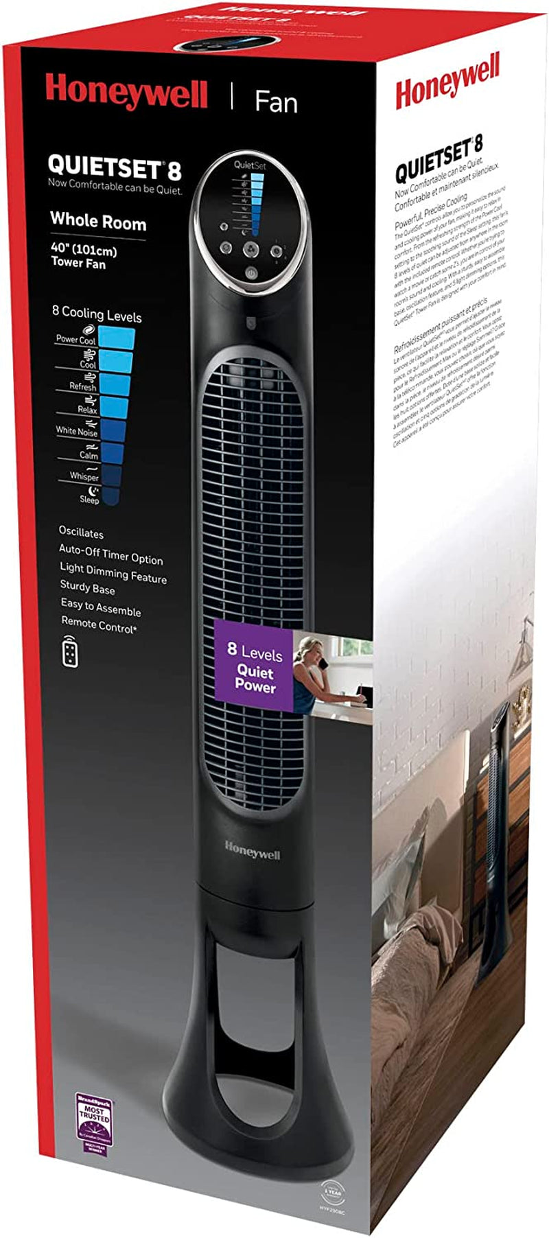 QuietSet® 8 Whole Room 40” Tall Tower Fan - Ideal for Home, Bedroom, or Office - 75° Oscillation - Remote Control - 8 Speeds - Slim Profile - Auto Shut-Off - Portable - Easy-to-Use Controls - Black