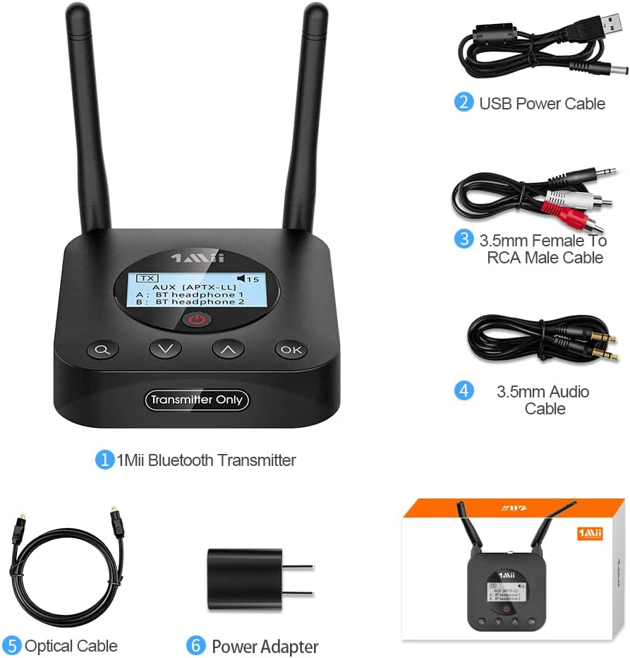 B06TX+ Long Range Bluetooth 5.0 Transmitter with Screen Display for TV/PC/Projector, Dual Wireless Headphone/Speaker Connectivity, aptX Low Latency & HD Audio