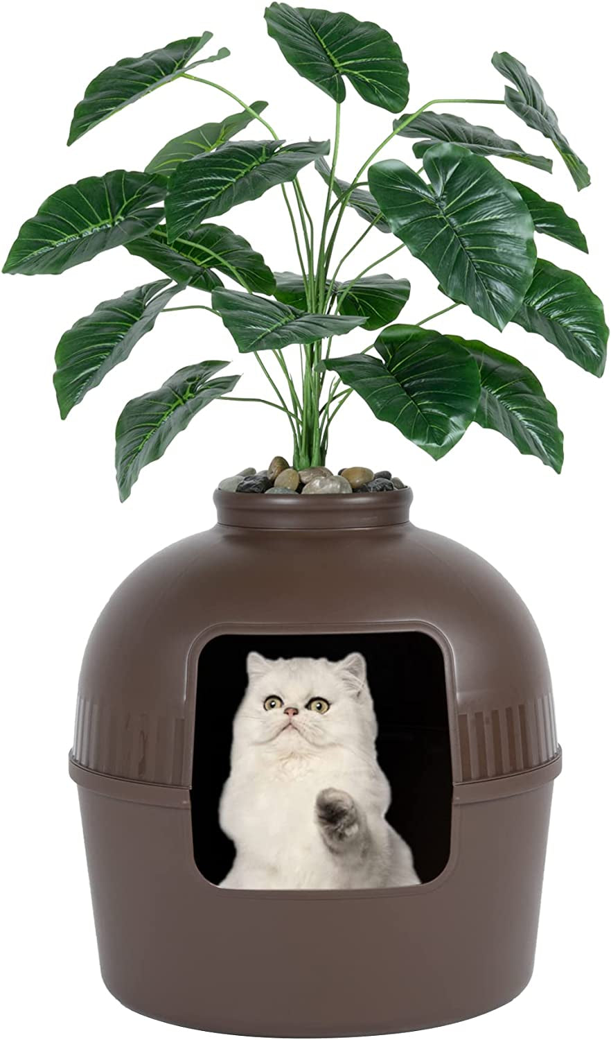 Enclosed Litter Box Enclosure, Plant Pot Design, Includes Faux Plant and Real Stones