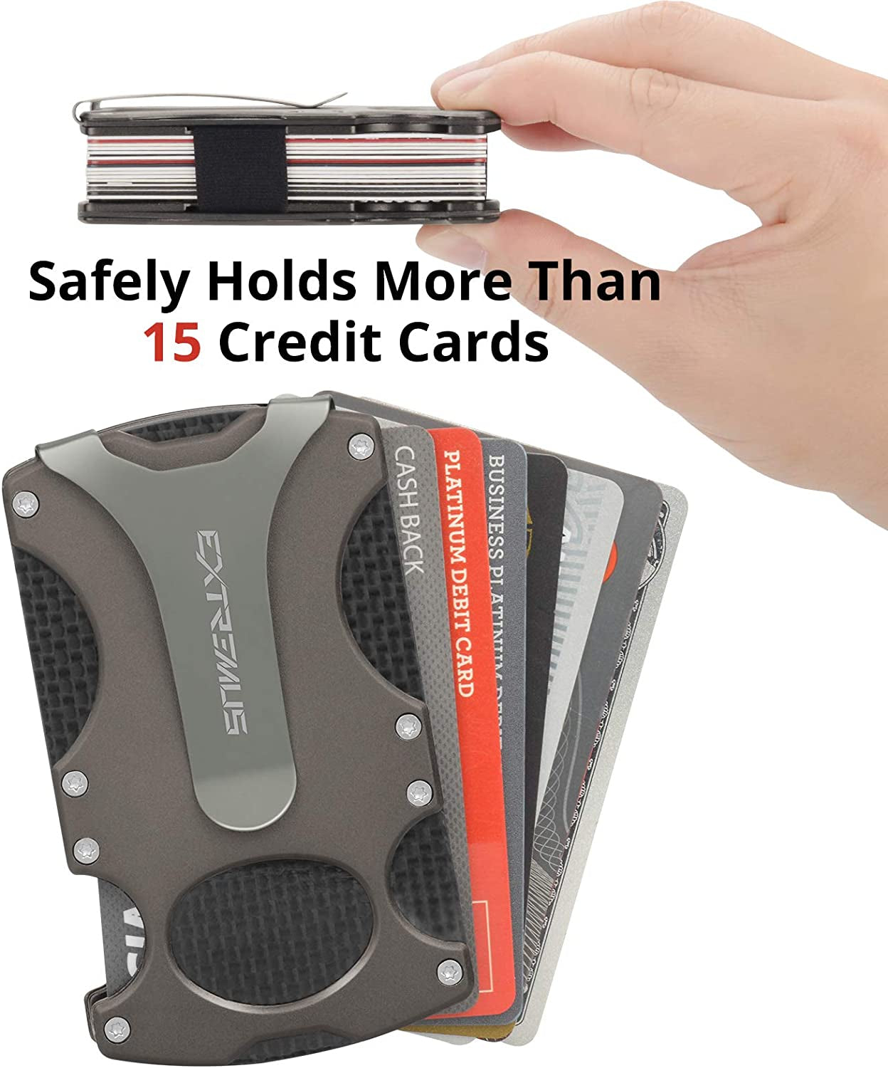 Carbon Fiber Tactical Wallet with RFID Blocking - Ultra-Thin Minimalist Design - Money Clip - Durable Carbon Fiber and Stainless-Steel Construction - Holds 15 Cards plus Cash